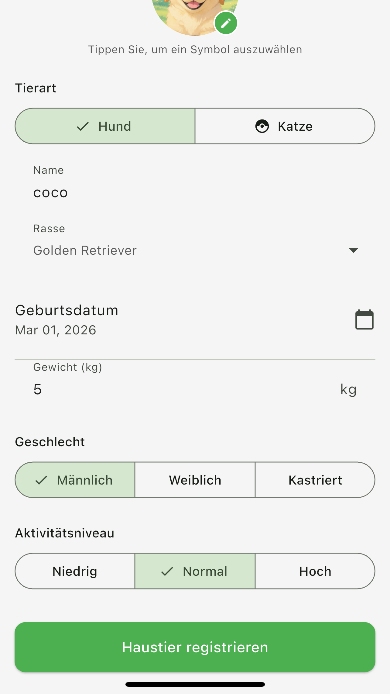 Haustier anlegen