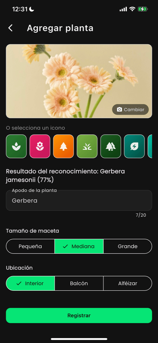 Pantalla de agregar planta