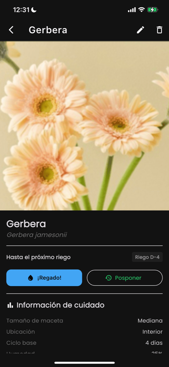 Pantalla de detalle de planta