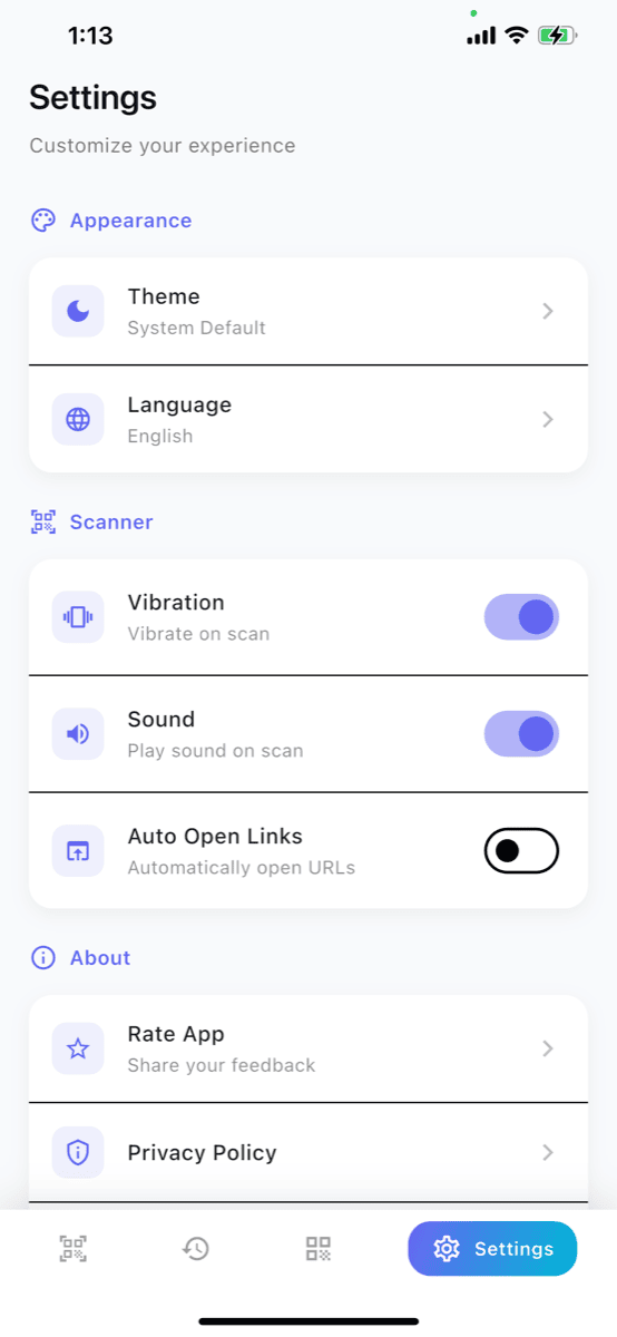 Captura de tela do app Mono QR Scanner